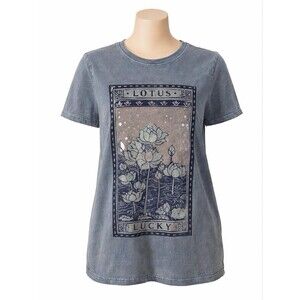 Lucky Brand Lotus Graphic Tee Women's Medium Blue Boho Cotton T-shirt